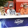 Dieter Bohlen, Sänger Pietro Lombardi, Schlagerstar Beatrice Egli und Rapperin Loredana mit Sonnebrille am DSDS-Jury-Pult