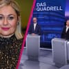 Ruth Moschner lächelt, daneben Friedrich Merz und Alice Weidel bei "Das Quadrell" auf RTL