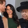 Harry und Meghan lächeln während die Queen streng guckt