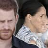 Collage von Harry der streng guckt und Meghan die Archie im Arm hält