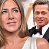 Jennifer Aniston und Brad Pitt sehen lächelnd zur Seite