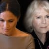 Montage: Herzogin Meghan blickt zu Boden - Queen Consort Camilla nachdenklich 