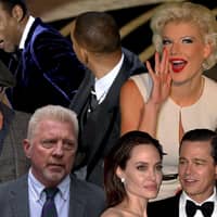 Collage von Britney Spears, Will Smiths Ohrfeige, Melanie Müller, Amber Heard und Johnny Depp, Boris Becker, Angelina Jolie und Brad Pitt