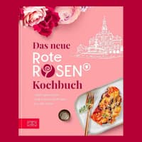 Buchcover "Das neue Rote Rosen Kochbuch" auf rotem Hintergrund