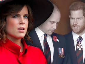 Prinzessin Eugenie ernst - im Hintergrund Prinz William und Prinz Harry