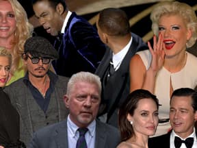 Collage von Britney Spears, Will Smiths Ohrfeige, Melanie Müller, Amber Heard und Johnny Depp, Boris Becker, Angelina Jolie und Brad Pitt