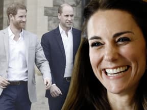 Prinzessin Kate lacht - im Hintergrund Prinz William und Harry