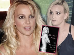 Britney Spears und Jamie Lynn Spears sehen erschrocken aus, in der Mitte ist das Cover von "The Woman In Me" zu sehen