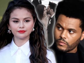 Selena Gomez und The Weeknd sehen ernst aus, im Hintergrund ist ein Kuss-Foto von ihnen zu sehen