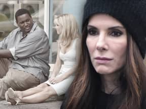 Sandra Bullock schaut traurig - im Hintergrund Szene aus "The Blind Side"