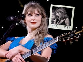 Taylor Swift hält lächelnd Gitarre in der Hand, neben ihr ein Polaroid aus "1989"-Zeiten