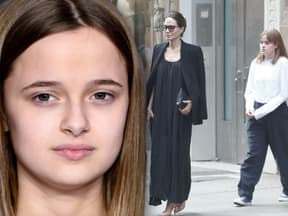 Vivienne Jolie-Pitt ernst - im Hintergrund im August 2023 mit ihrer Mutter Angelina Jolie in Soho, New York