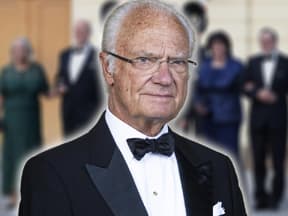 König Carl Gustaf von Schweden sieht in die Kamera, im Hintergrund ein verschwommenes Bild seiner Gäste