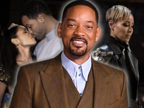 Will Smith lächelt, im Hintergrund ältere Bilder von Jada Pinkett Smith