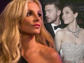 Britney Spears missgünstig - im Hintergrund ein überraschter Justin Timberlake & Jessica Biel 