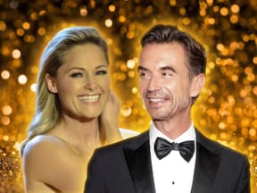 Collage Helene Fischer und Florian Silbereisen vor goldenen Hingergrund