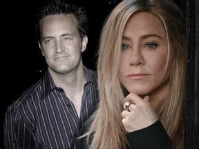 Jennifer Aniston sieht nachdenklich aus, im Hintergrund ein ausgegrautes Bild von Matthew Perry