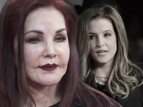 Priscilla Presley sieht traurig aus, im Hintergrund ein verblasstes Bild ihrer Tochter Lisa-Marie Presley