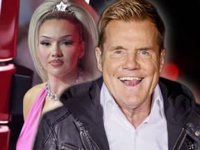 Shirin David sieht verärgert aus, Dieter Bohlen leckt sich über die Zähne