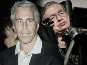 Jeffrey Epstein sieht schockiert aus, im Hintergrund ein Bild von Stephen Hawking