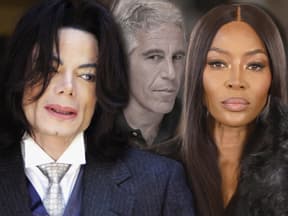 Michael Jackson und Naomi Campbell mit ernsten Gesichtern, im Hintergrund ein ausgegrauter Jeffrey Epstein