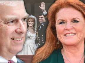 Montage: Prinz Andrew und Sarah Ferguson glücklich - im Hintergrund ihre Hochzeit 