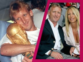 Andreas Brehme mit WM-Pokal 1990 und Ex-Frau Pilar