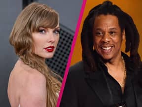 Collage Taylor Swift und Jay-Z mit pinken Strich