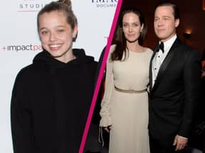 Shiloh Jolie-Pitt lächelt, daneben ein Bild ihrer Eltern Angelina Jolie und Brad Pitt