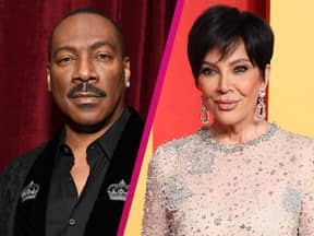 Collage Eddie Murphy und Kris Jenner mit pinken Strich