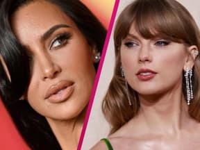 Collage Kim Kardashian Taylor Swift gucken beide ernst