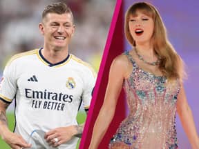 Collage Toni Kroos und Taylor Swift lächeln