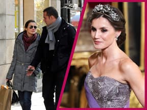 Königin Letizia in königlicher Robe bei einem Gala-Dinner und mit einem Leibwächter in Madrid