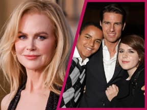 Nicole Kidman lächelt leicht, Tom Cruise mit seinen Adoptivkindern