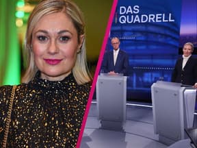 Ruth Moschner lächelt, daneben Friedrich Merz und Alice Weidel bei "Das Quadrell" auf RTL