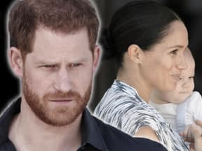 Collage von Harry der streng guckt und Meghan die Archie im Arm hält