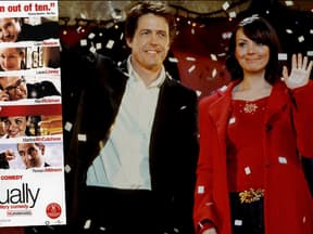 "Tatsächlich ... Liebe": Film-Poster und Hugh Grant und Martine McCutcheon winken