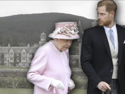 Queen Elizabeth und Prinz Harry blicken ernst und traurig - im Hintergrund Schloss Balmoral 