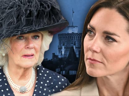 Prinzessin Kate vs. Queen Consort Camilla - im Hintergrund Schloss Windsor bei Nacht