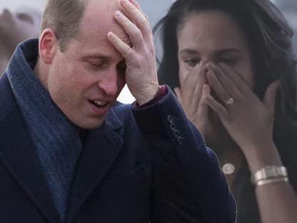 Prinz William hält sich die Hand vors Gesicht, Meghan weint im Hintergrund