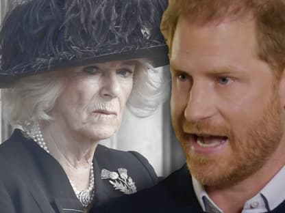 Prinz Harry beschwert sich in ITV-Interview 2023 - im Hintergrund Camilla ernst