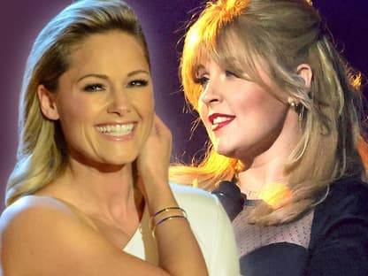 Collage Maite Kelly gerührt und Helene Fischer glücklich