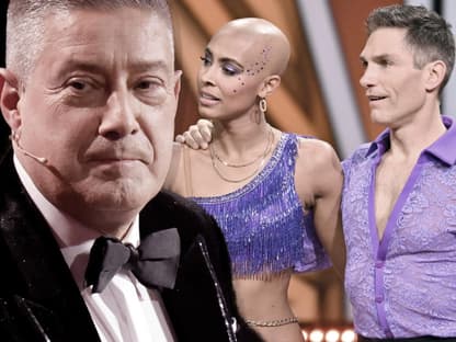 Joachim Llambi guckt zur Seite, Sharon Battiste und Christian Polanc gucken bei "Let's Dance" geschockt