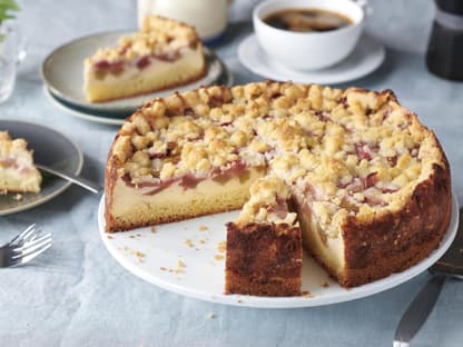 Rhabarberkuchen mit Pudding auf einem Teller.