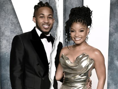 Halle Bailey und DDG posieren Arm in Arm mit einem Riss in der Mitte