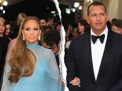 Jennifer Lopez und Alex Rodriguez gehen in Arm in Arm, in der Mitte ist ein Riss