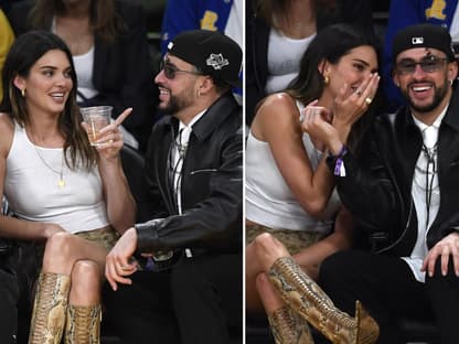 Kendall Jenner und Bad Bunny sitzen bei einem Basketballspiel im Publikum