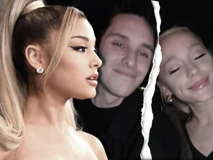 Ariana Grande sieht traurig zur Seite, im Hintergrund ein zerrissenes Foto mit Dalton Gomez