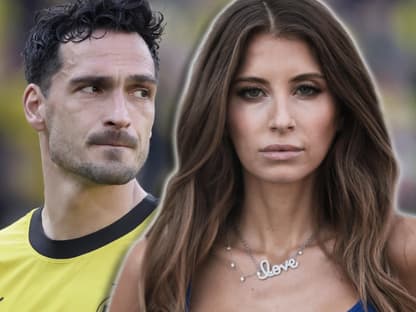 Cathy Hummels guckt ernst in die Kamera, hinter ihr steht Mats Hummels mit traurigem Blick