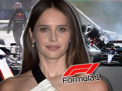 Felicity Jones vor Unfall-Bildern aus der Formel 1